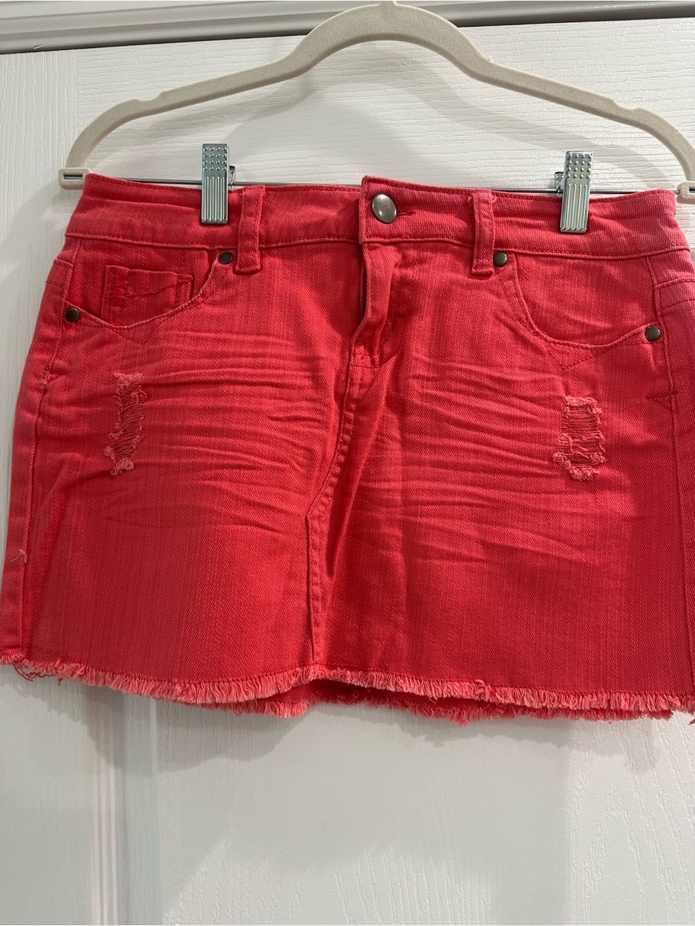 dELiA*s Coral-Red Distressed Denim Mini Skirt